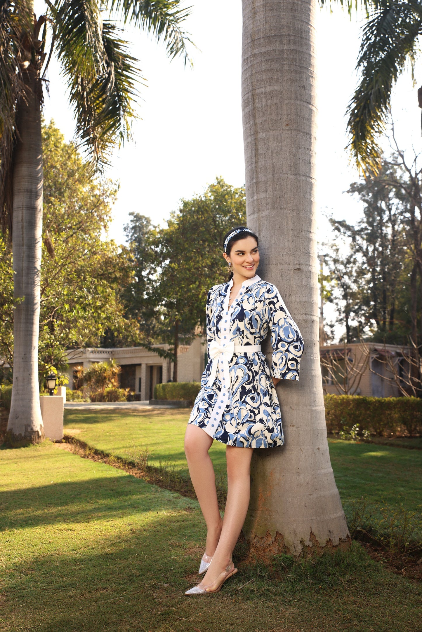 Indigo Print Bow Mini dress