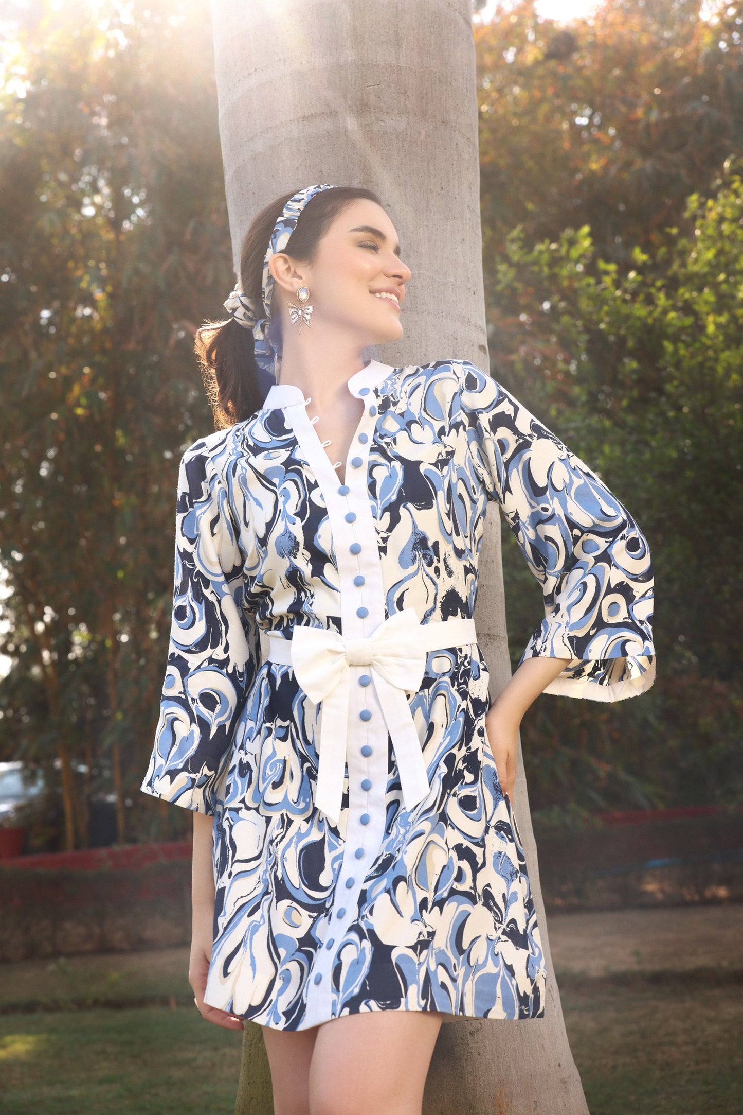 Indigo Print Bow Mini dress