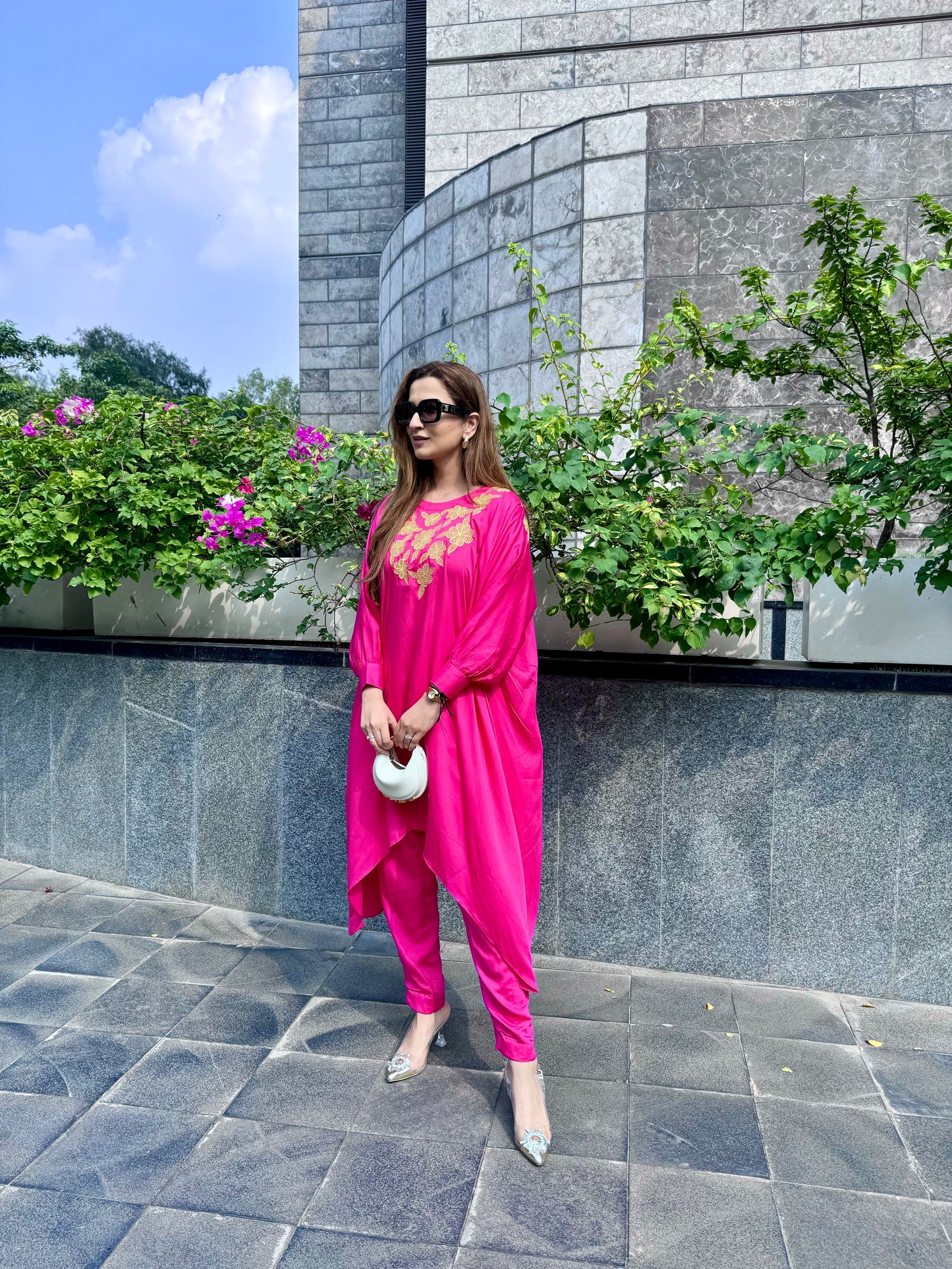 Hot Pink embroidered Kaftan Set