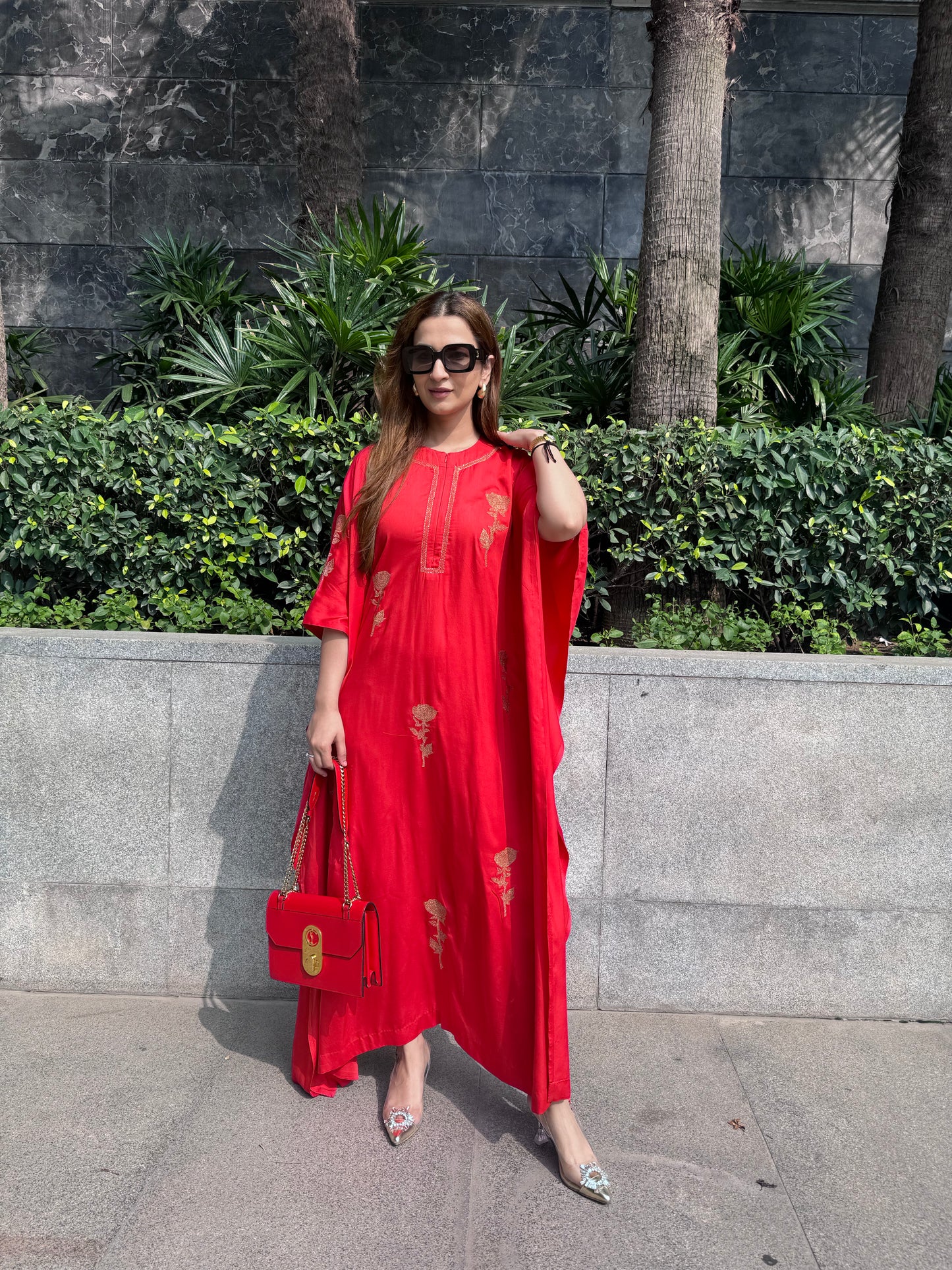Red Embroidered Kaftan Set
