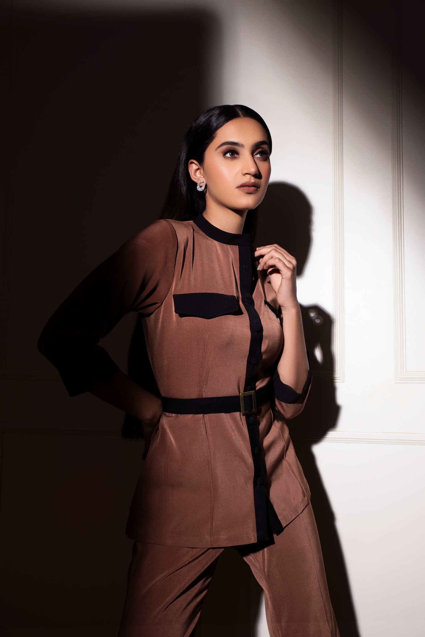Chocolate colour block set with straight pants