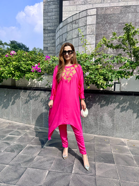 Hot Pink embroidered Kaftan Set