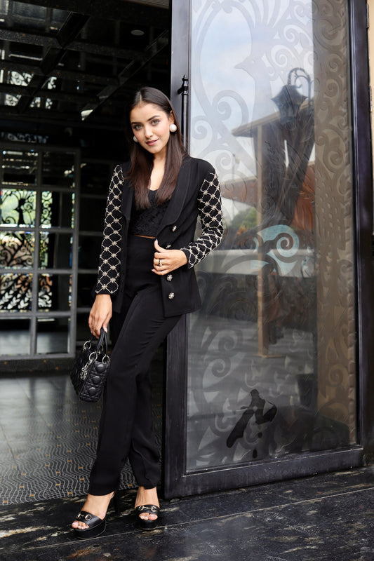 Classic black Hand Embroidered Blazer Co-ord Set
