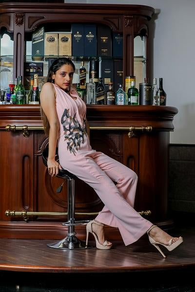 Hand embroidered pleated blush pink jumpsuit
