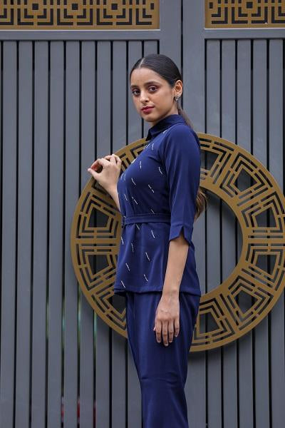 Navy blue co- ord set with flared pants