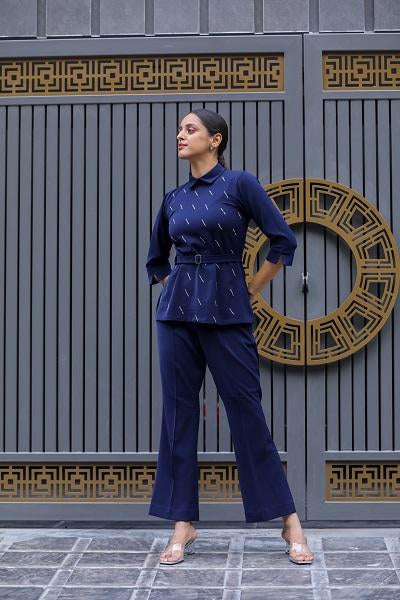Navy blue co- ord set with flared pants